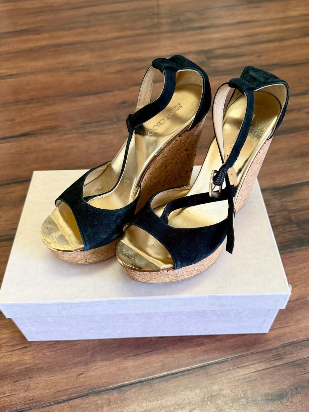 Jimmy Choo Black Suede Cork Wedge Sandals Ankle Strap Women’s 7.5 EU 37.5
